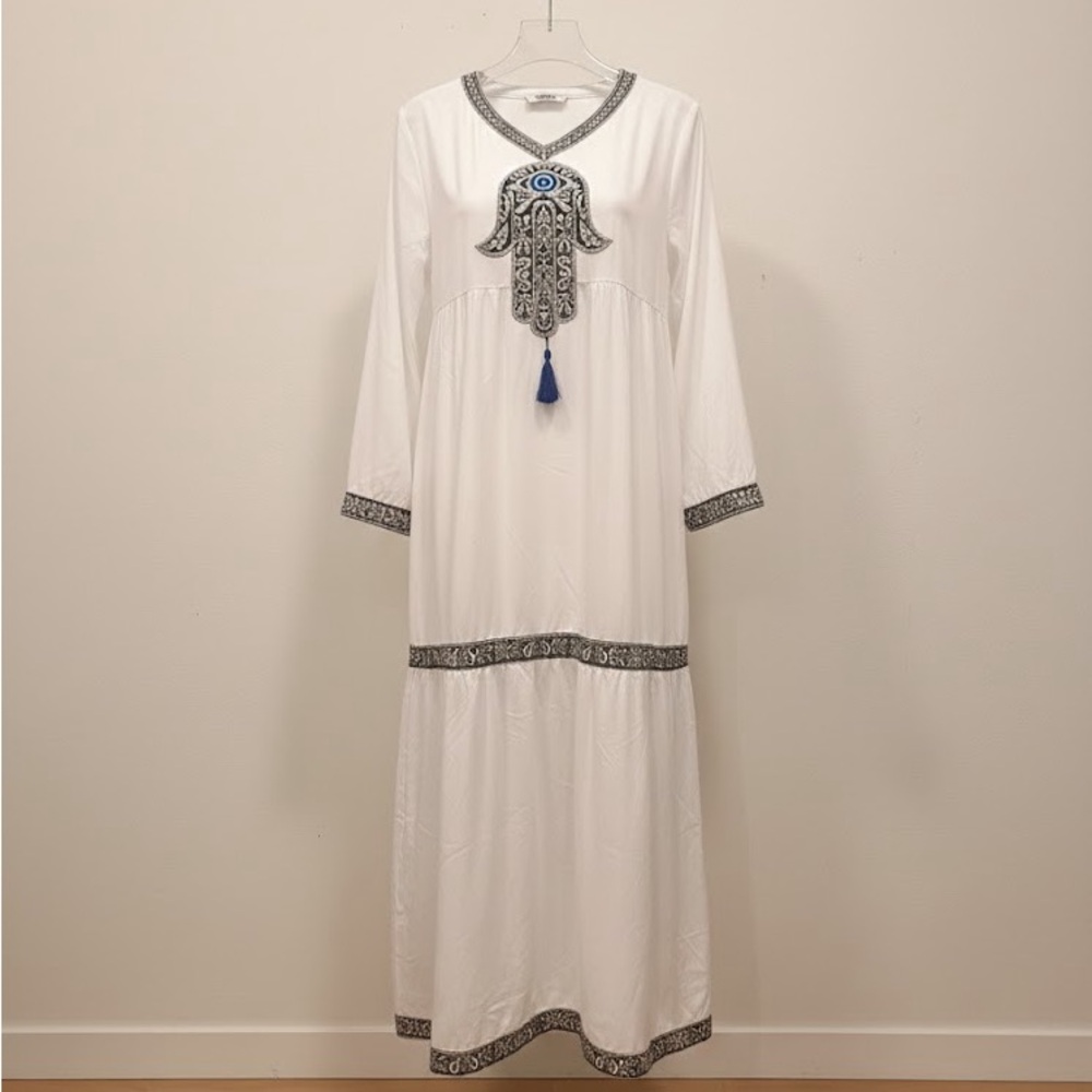 Boho Caftan Hamsa Embroidered Maxi Dress